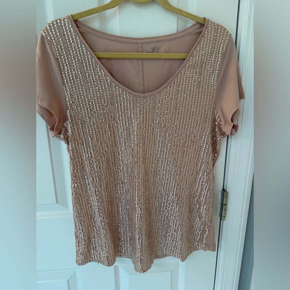 Ann Taylor LOFT light Pink Sequin shiny cotton Top size large